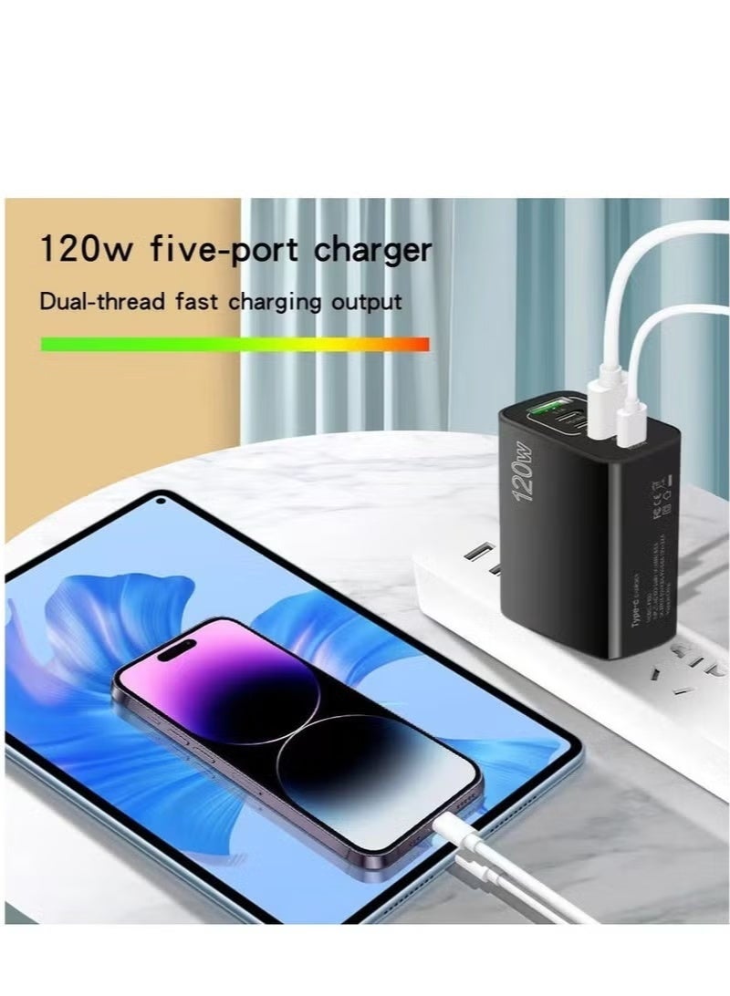 ای زون شاحن سريع من النوع C بقوة 120 واط بتقنية الشحن السريع PD QC 3.0 (أسود)، مزود بخمسة منافذ USB A وUSB C، متوافق مع أجهزة سامسونج جالاكسي S23/S22، وآيفون 15/14/13 برو ماكس، وماك بوك، وآيباد، وأجهزة الكمبيوتر المحمولة، وون بلس. - Image 2